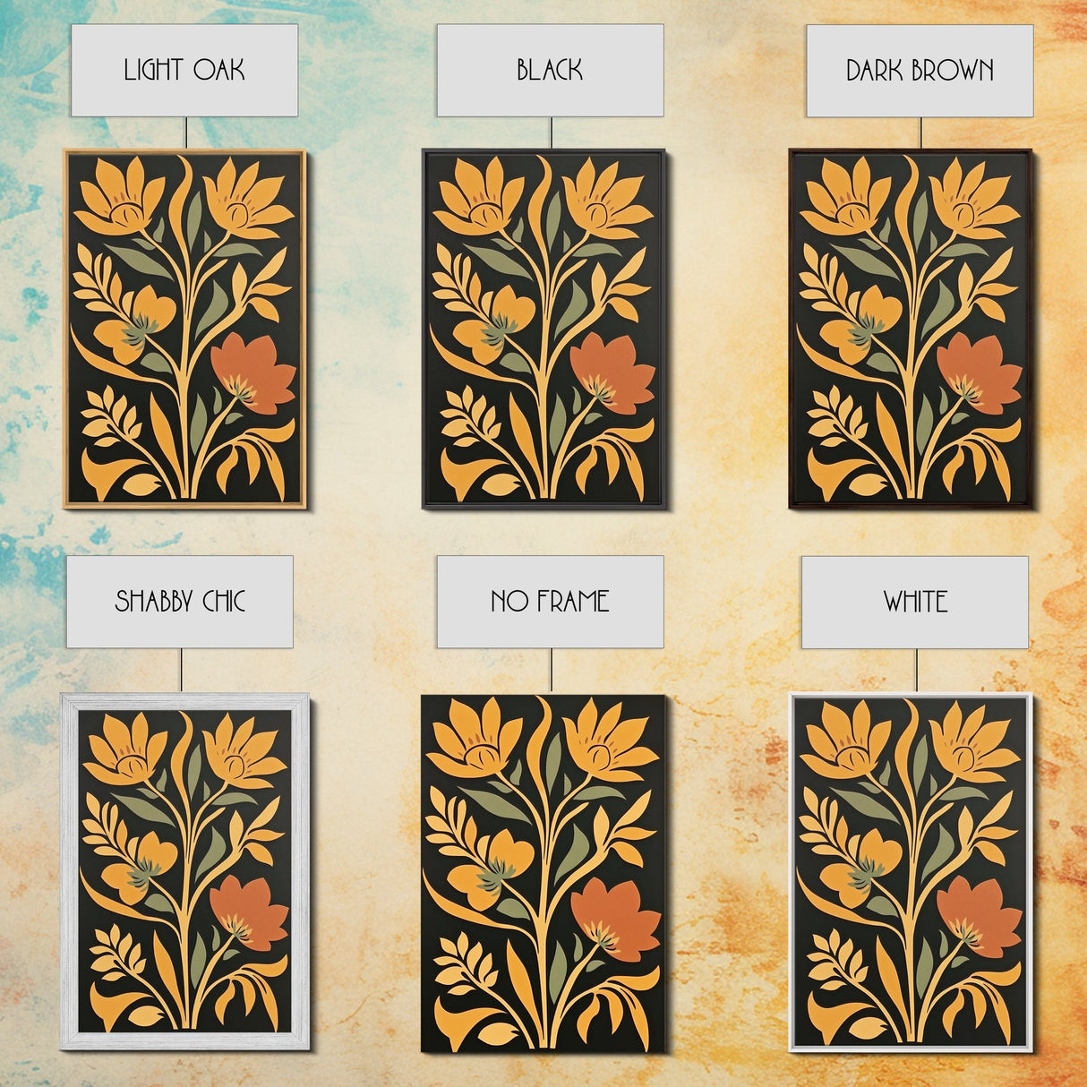 Flower Market Print Framed Canvas Print Mid-Century Modern Botanical Wall Art Boho Modern Farmhouse Living Room Art