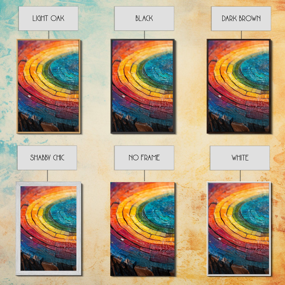Rainbow Tree Rings, Retro Style Canvas Print, Colorful Rustic Wall Art For Living Room