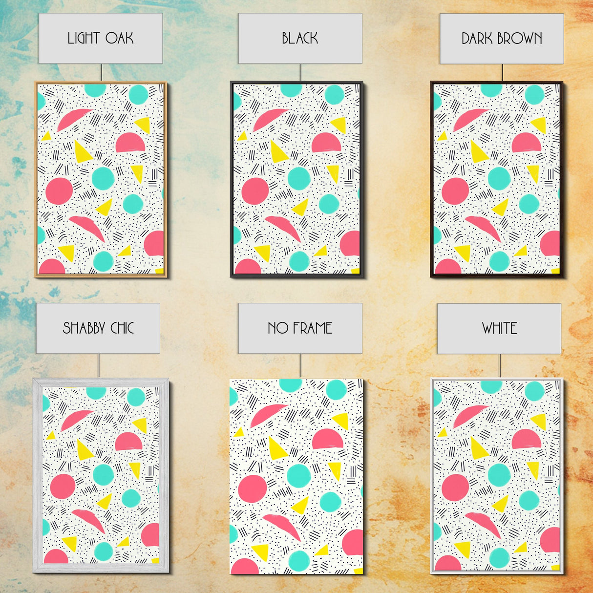 Retro Style Preppy Wall Art Framed Canvas Print, 90s Style Shopping Mall Style Abstract Art