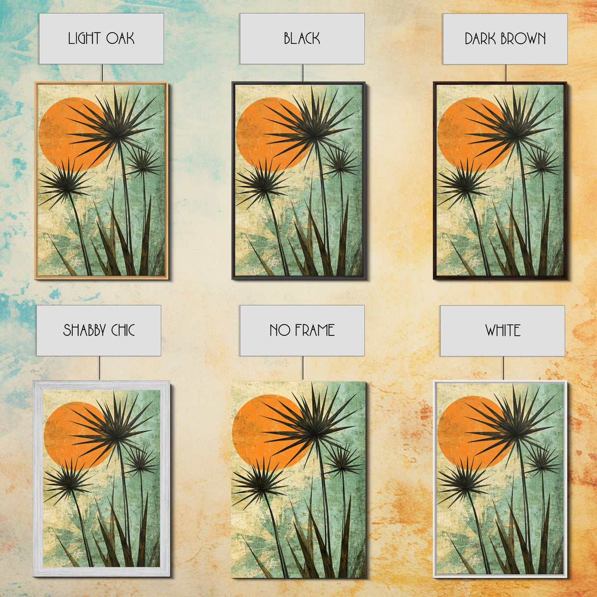Abstract Palm Trees at Sunset, Framed Canvas Print, MCM Style Wall Art