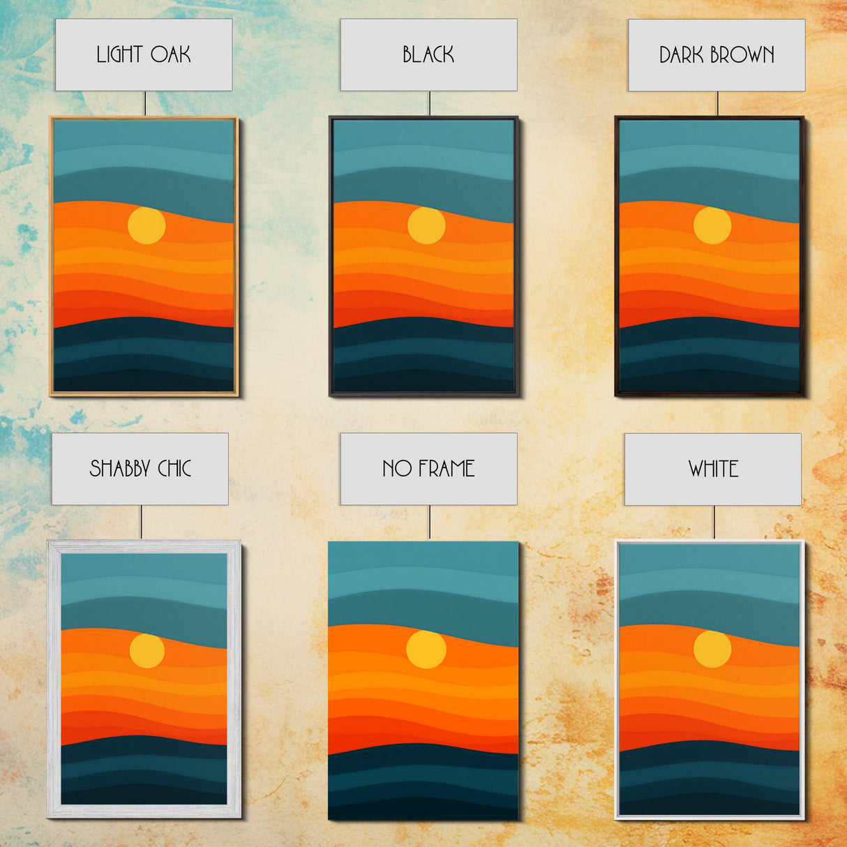 MCM - Mid Century Modern Framed Canvas Print of a Sunset, Gradient Painting Print, Vintage Landscape Art