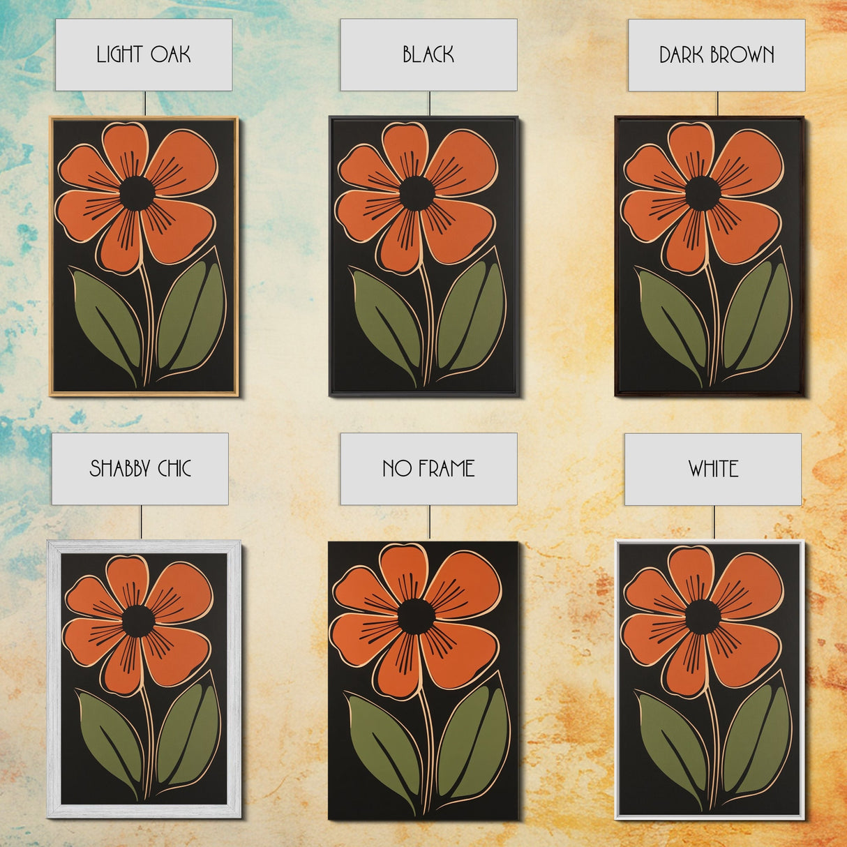 Mid Century Modern Floral Print, Orange Flower on Black Background, Framed Canvas Print