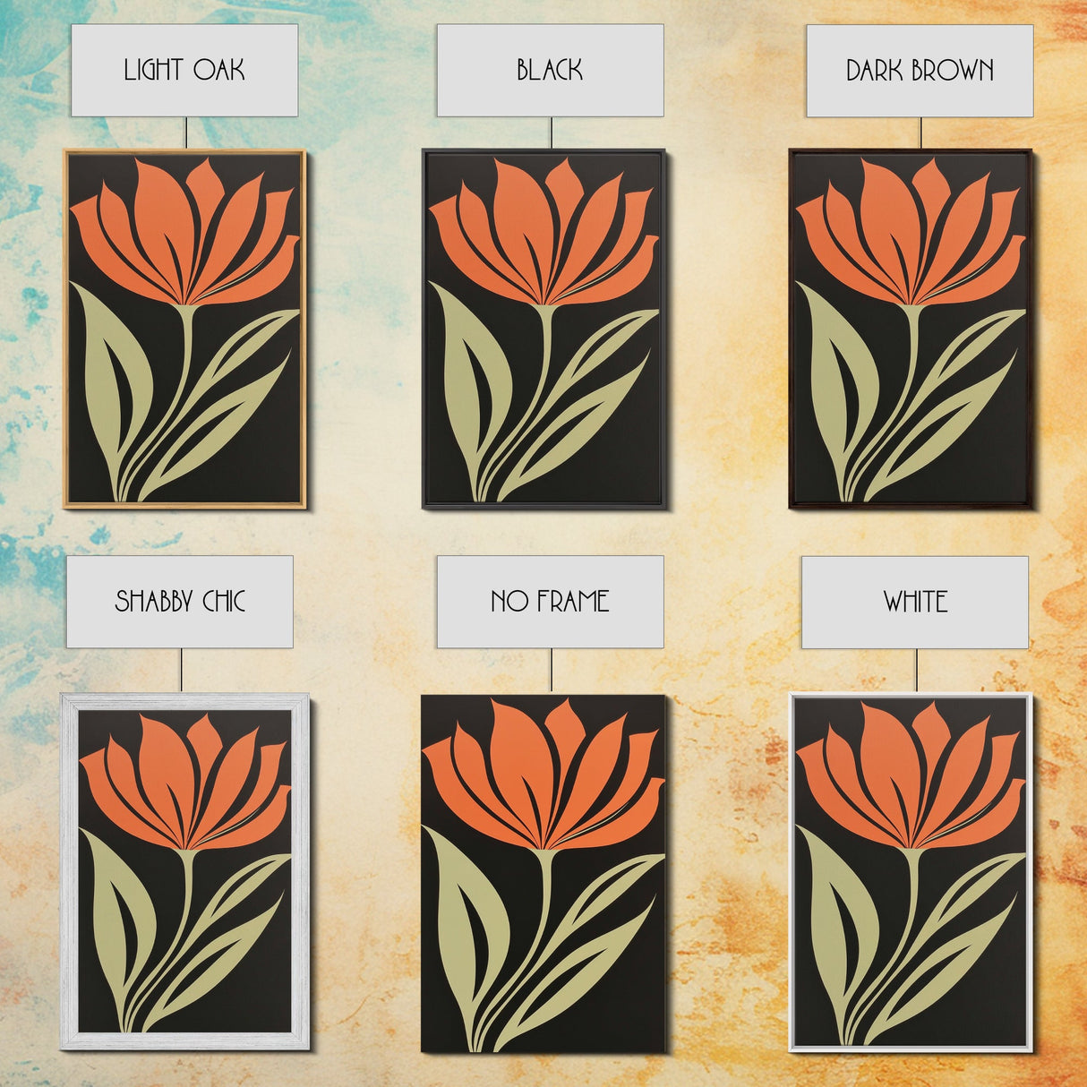 Wood Framed Canvas Print, Orange Wild Flower Botanical Print, Mid Century Modern Home Decor, Modern Farmhouse, Subdued Art
