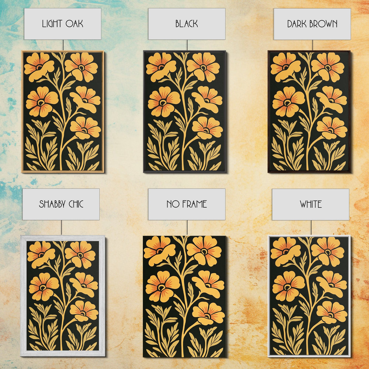 Framed Canvas Wall Art Botanical Print, Yellow Flowers on Black background, Wildflowers, Botanical Floral Modern Art, Boho Decor