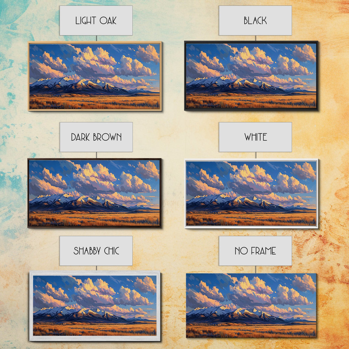 Sunset Over The Mountains Framed Canvas Print, Panoramic Art, Large Format Horizontal Panoramic Wall Art