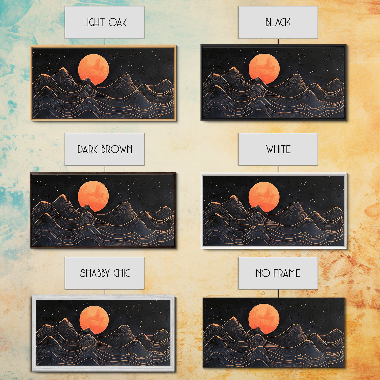 Art Deco Style Abstract Art, Orange Blood Moon Over Mountain Landscape, Retro Home Decor