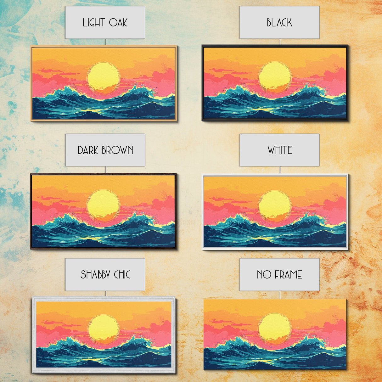 Synthwave Sunset Over Ocean Waves, Framed Canvas Print, Retro 80s Inspired Home Decor Wall Art