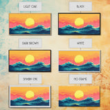 Synthwave Sunset Over Ocean Waves, Framed Canvas Print, Retro 80s Inspired Home Decor Wall Art