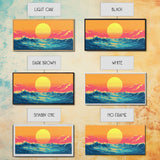 Retro Sunset Over The Ocean, Framed Canvas Print, Beautiful Synthwave Horizontal Wall Art