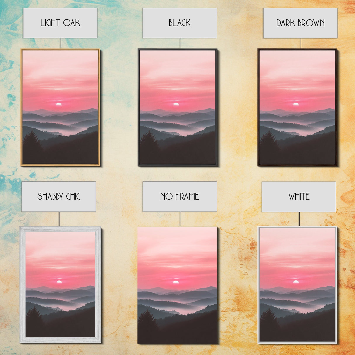 Sunset Over The Smoky Mountains, Framed Canvas Print, Smoky Mountain Art, Landscape Photography Style Home Decor, Retro Wave Art