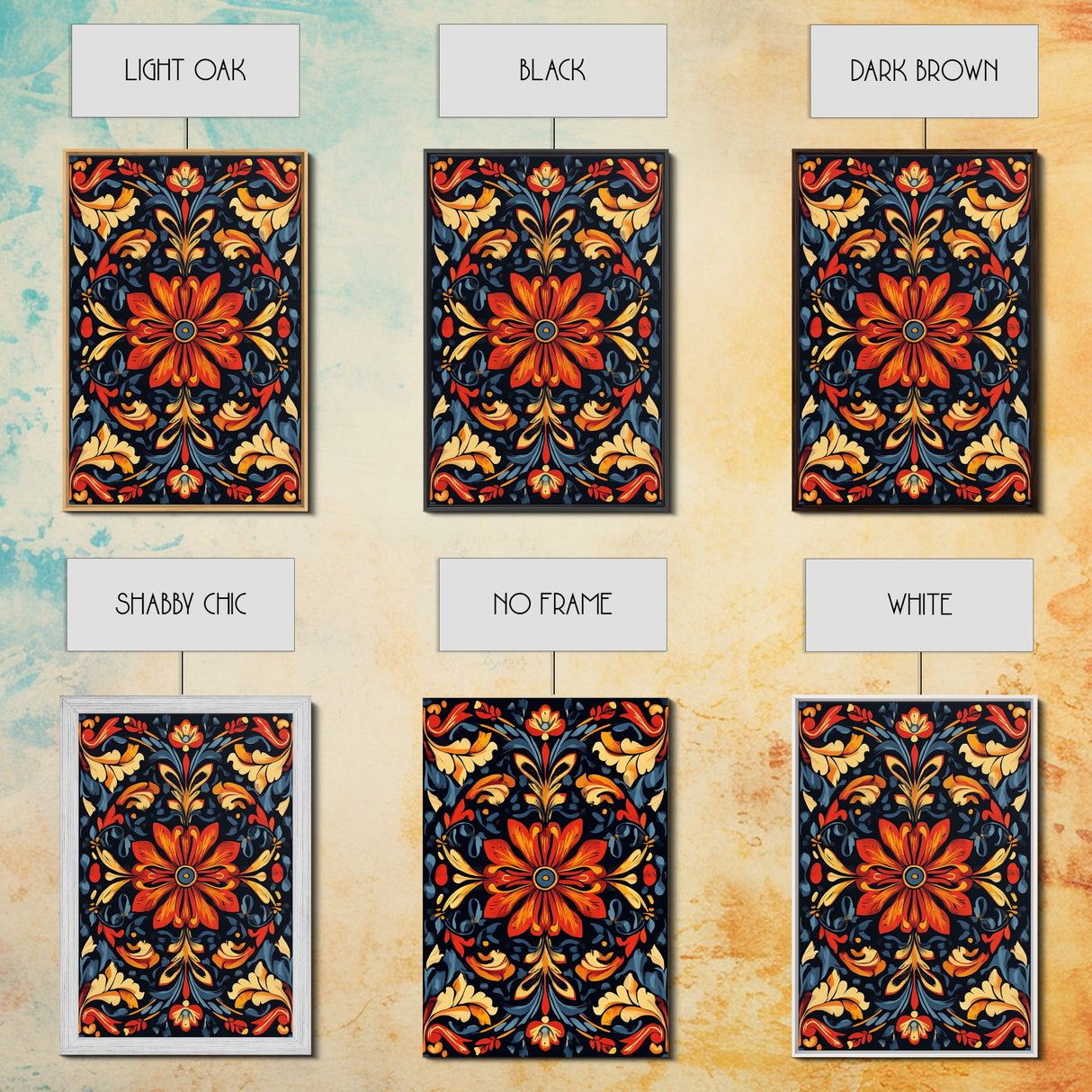 Botanical Floral Tile Pattern Framed Canvas Print, Southwestern Decor, Modern Farmhouse, Pueblo Style Art, Mexicano Chicano Art