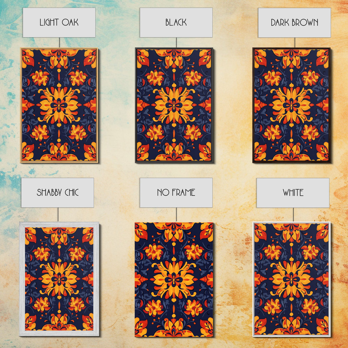 Botanical Pattern Wall Art Framed Canvas Print, Wood Framed Art, Mexicano Art, Mexican Tile Print Wall Art, Chicano Farmhouse Art
