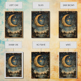 Crescent Moon in Starry Night Sky, Folk Art Framed Canvas Print, Boho Eclectic Decor, Minimalist Witchy Wall Art, Moody Decor