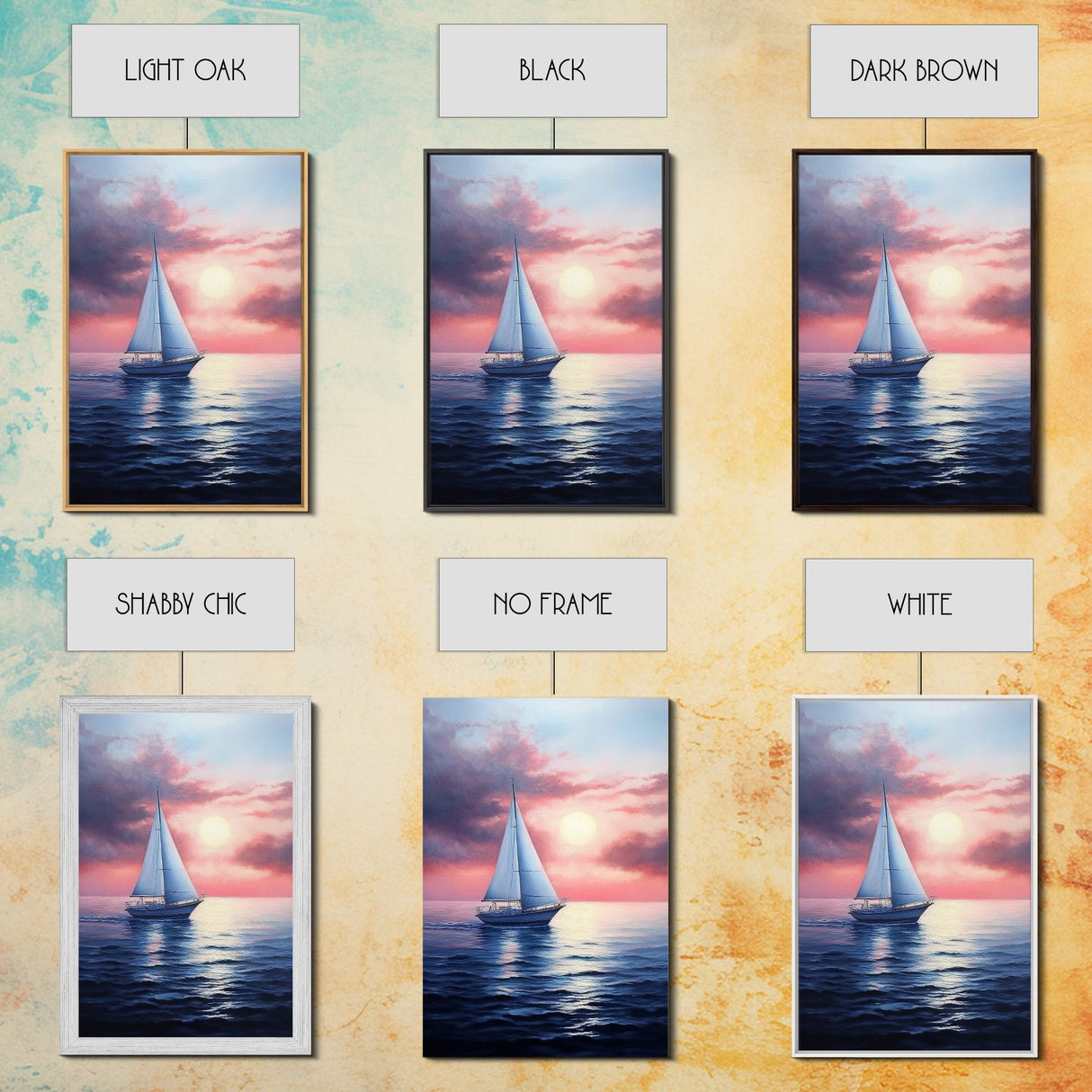 Vaporwave Sail Boat at Sunset, Framed Canvas Print, Retro Sail Boat Painting