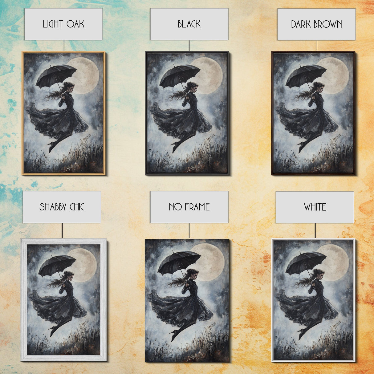 Witch Flying with an Umbrella, Framed Canvas Print, Witchy Decor, Halloween Wall Art, Goth Art, Dark Academia