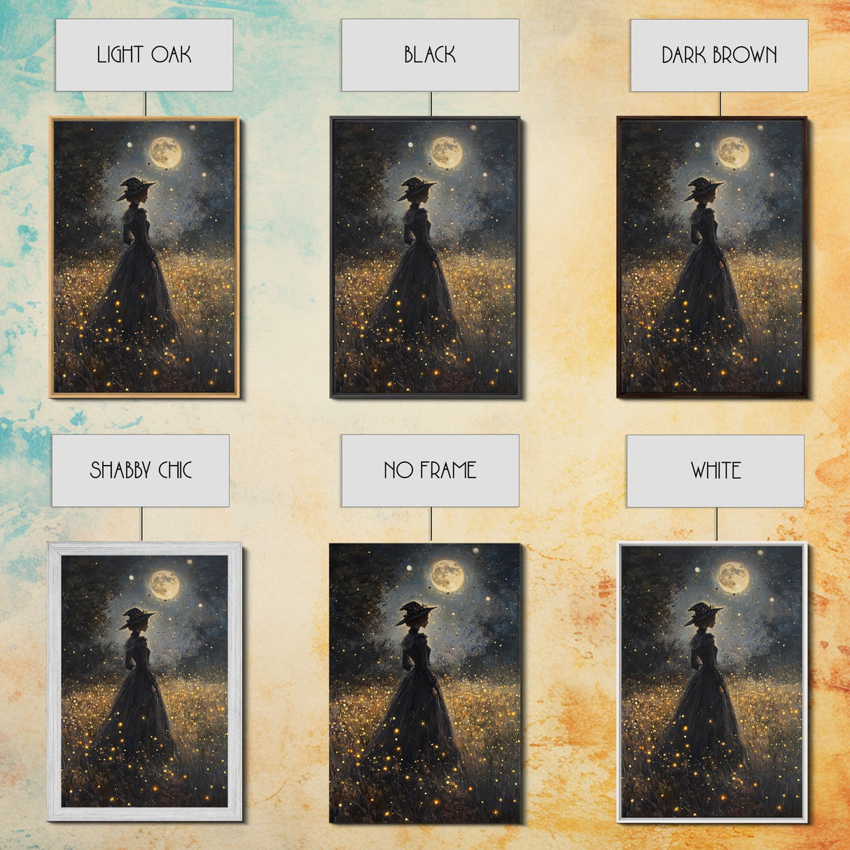 Witch Under a Full Moon Framed Canvas Print, Vintage Art Prints, Dark Academia, Witchy Gifts, Halloween Prints, Gothic Wall Art