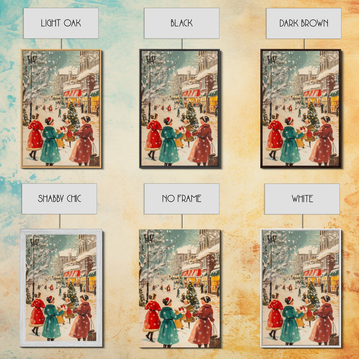 Winter Wall Art Christmas Canvas Print - 1950s Style Post Card Art - Christmas Decor - Christmas Shoppers In The Streets - Christmas Village Art