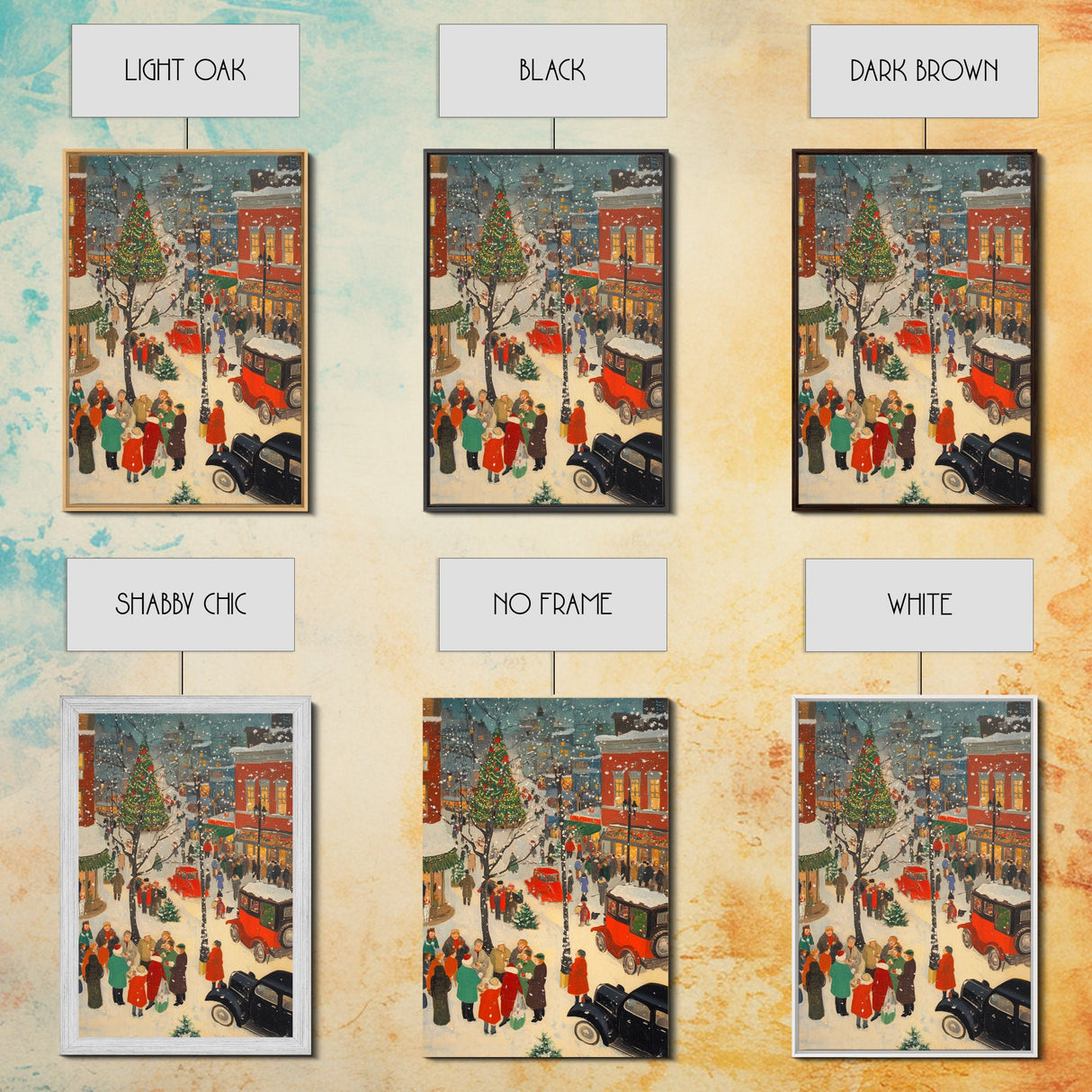 Christmas Village Home Decor - Framed Canvas Print - Retro Christmas Village Painting - Christmas Shoppers Painting - Retro Christmas Decor