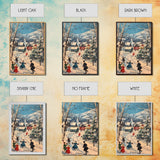Ice Skating in The Streets on Christmas Morning Framed Canvas Print - Retro Christmas Village Wall Art - Christmas Above Mantle Centerpiece Art