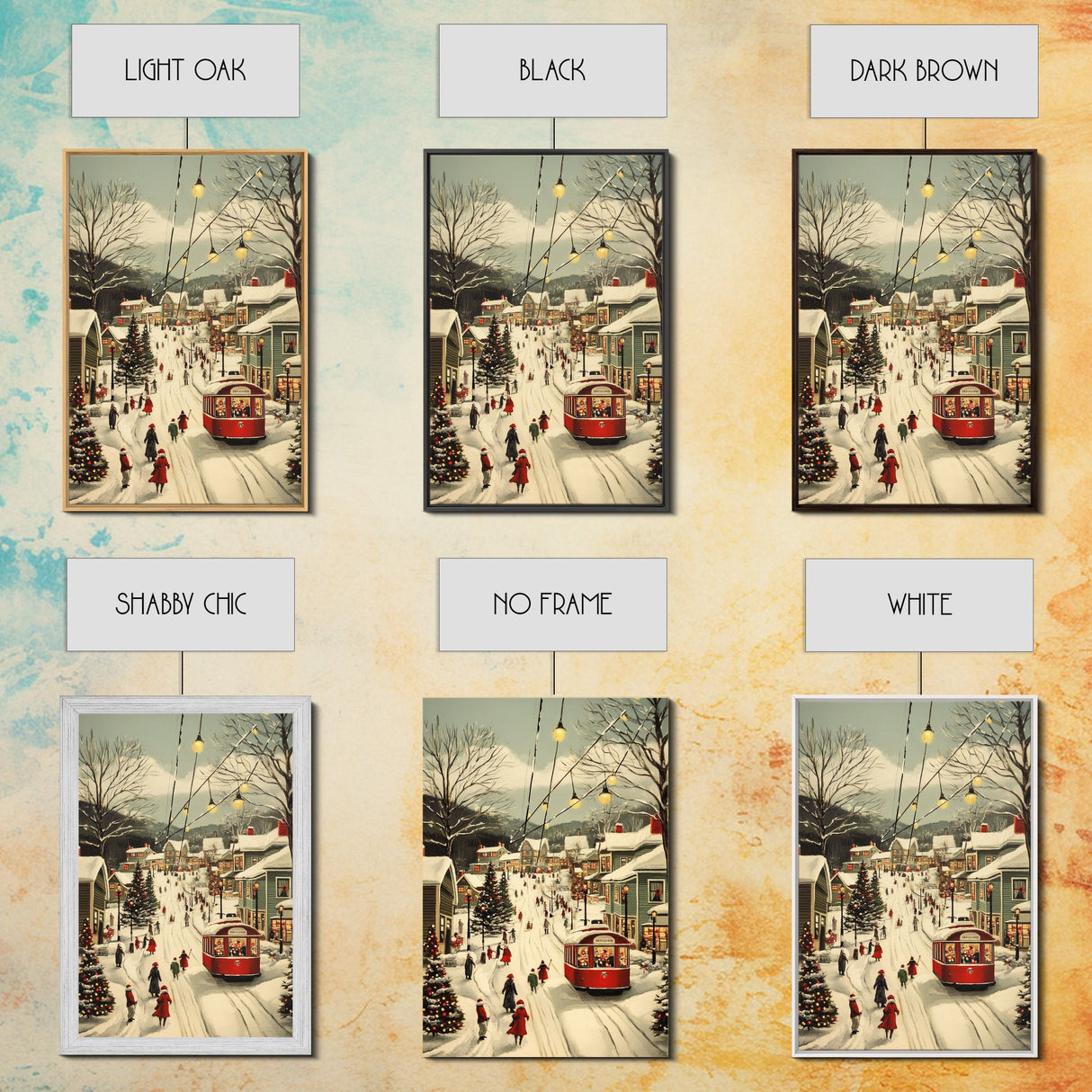 Vintage Christmas Trolley Painting Print, Framed Canvas Art, Christmas Village Wall Art