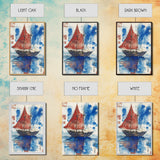 Japanese Sail Boat Watercolor Painting Print, Wood Framed Canvas Print, Wabi Sabi Nautical Wall Art, Lake House Art