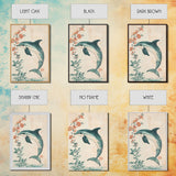 Cherry Blossoms and Dolphins, Framed Canvas Print, Home Decor, Wabi Sabi Dolphin Painting, Minimalist Decor, Living Room Art, Bedroom Art