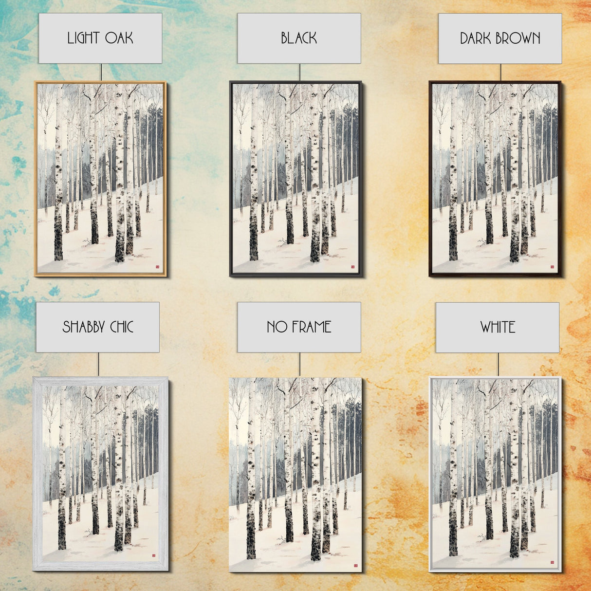 Winter Birch Tree Forest Framed Canvas Print, White Birch Trees In Winter Forest Landscape Art Print Minimalist Living Room Nature Wall Art