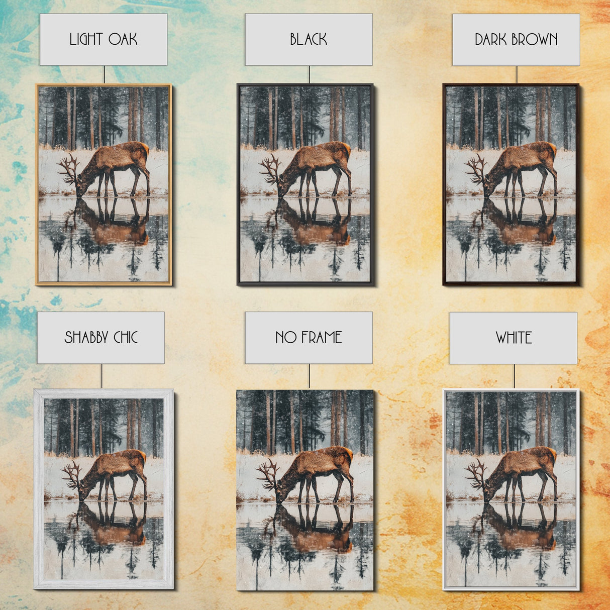 Elk Drinking Water Oil Painting Print, Framed Canvas, Deer Drinking Water In Forest Painting, Nature Decor, Cabin Wall Art, Winter Wall Art