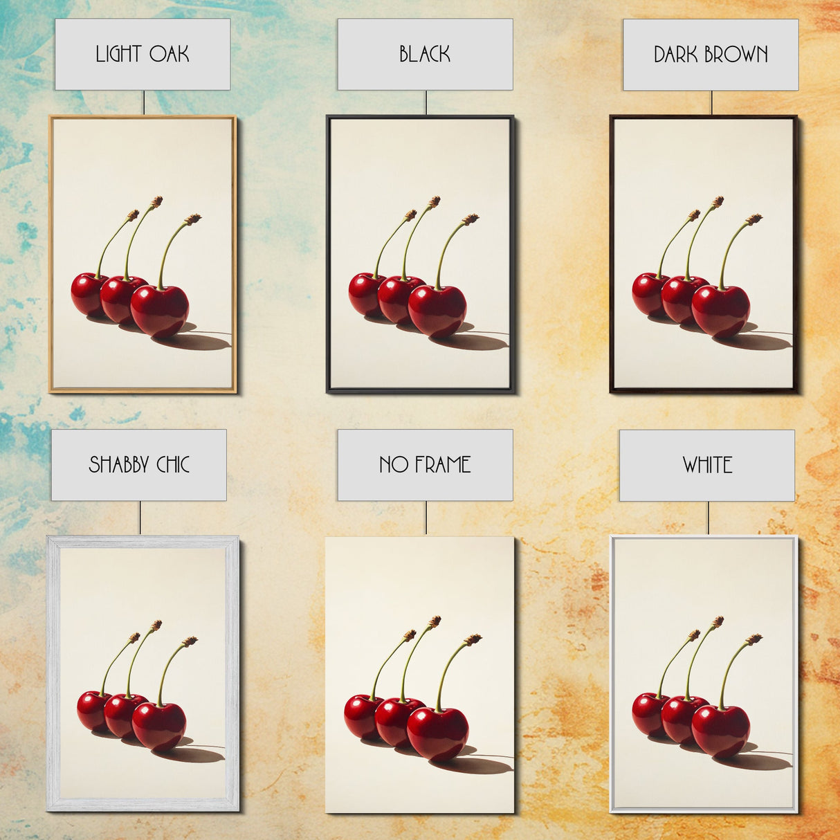 Three Cherries Framed Canvas Print, Cherry Painting, Cherry Wall Art, Ready To Hang Painting, Framed Wall Art, Photorealism, Fruit Art