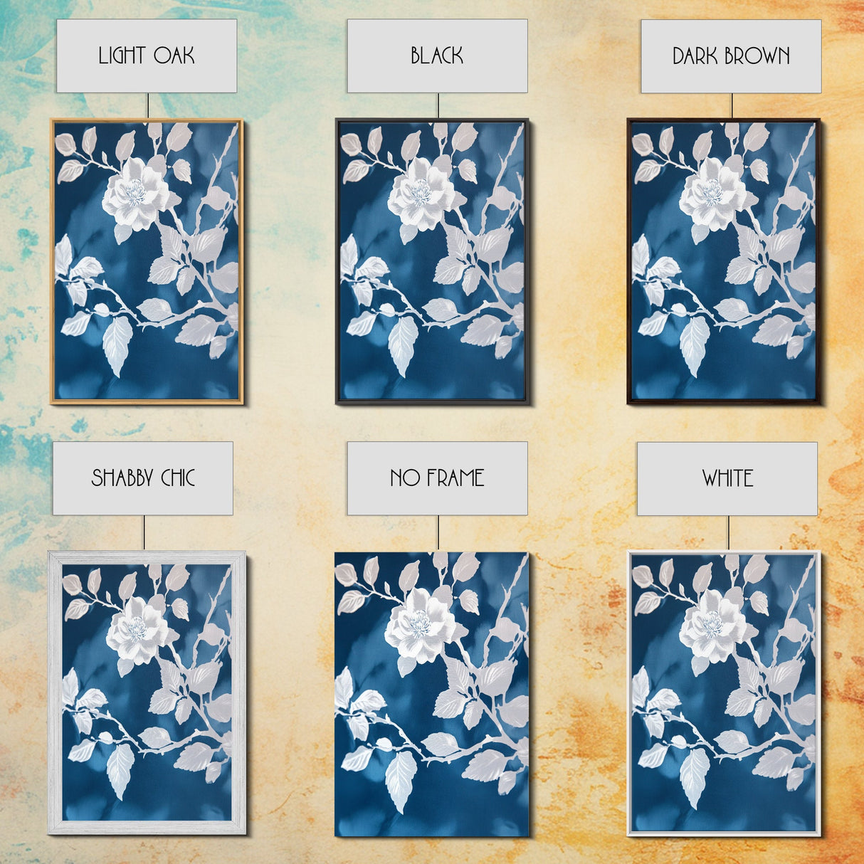 White Flowers on Blue Background Framed Canvas Print, Chinoiserie Wall Art, Boho Decor, Minimalist Wall Art, Boho Home Decor
