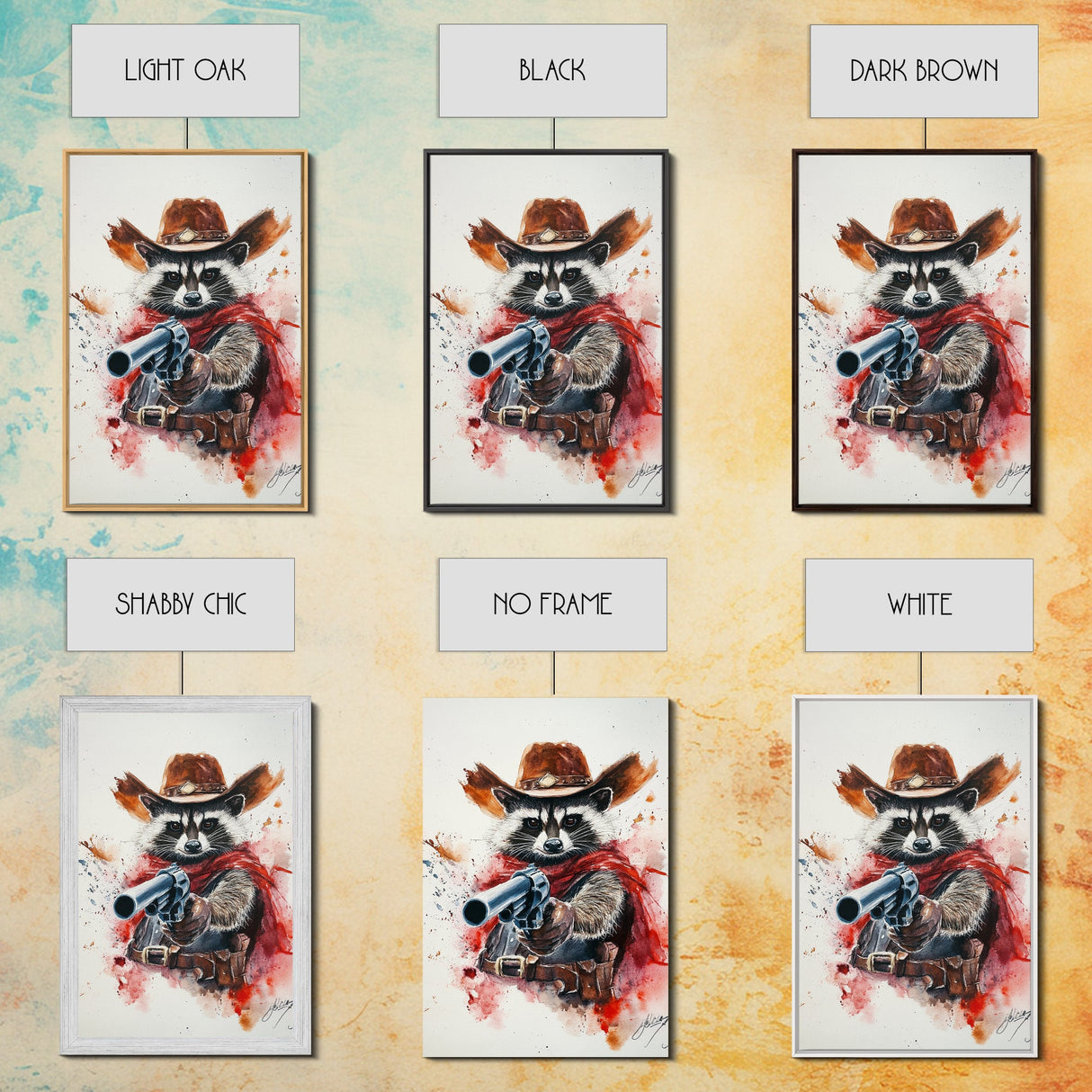 Wild West Racoon Cowboy Watercolor Painting Print, Rustic Home Decor, Framed Canvas Ready To Hang