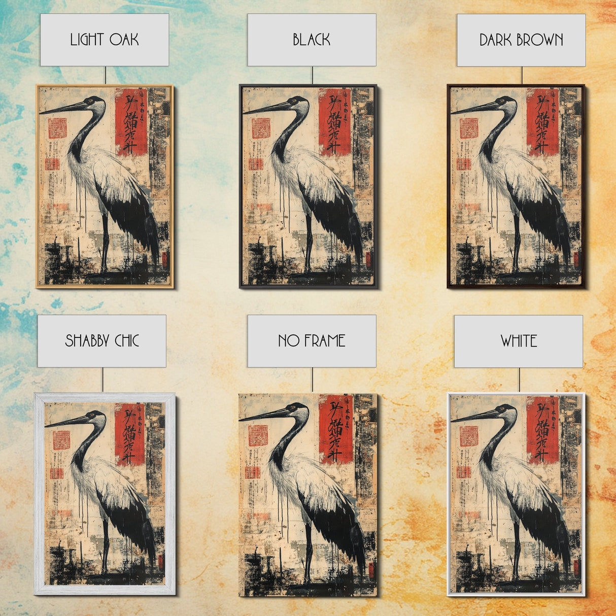 Blue Heron Wall Art Framed Canvas Print Ready To Hang, Japanese Style Wabi Sabi Art, Coastoal Decor
