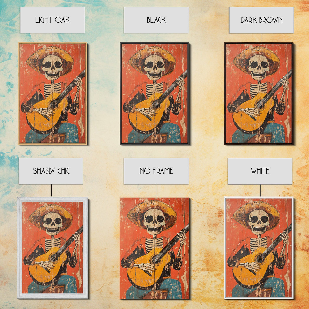 Arte Mexicano - Framed Canvas Print - Chicano Art - Skeleton Vaquero playing a guitarra, Mexican Inspired Wall Art, Southwestern Art