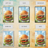 Kawaii Hamburger Canvas Print, Cute Hamburger Painting, Kitchen Decor, Kawaii Wall Art, Veggie Burger Painting