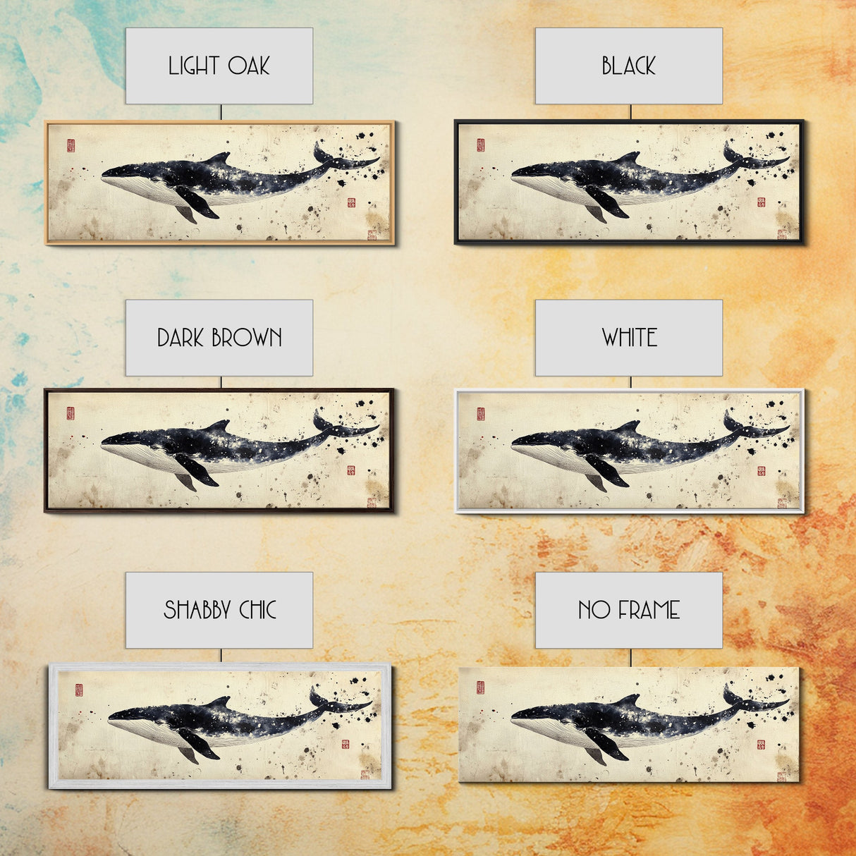 Whale Art Wabi Sabi Panoramic Oil Painting Print, Japanese Style Wall Art - Whale Decor - Whale Art Print - Living Room Decor - Minimalist