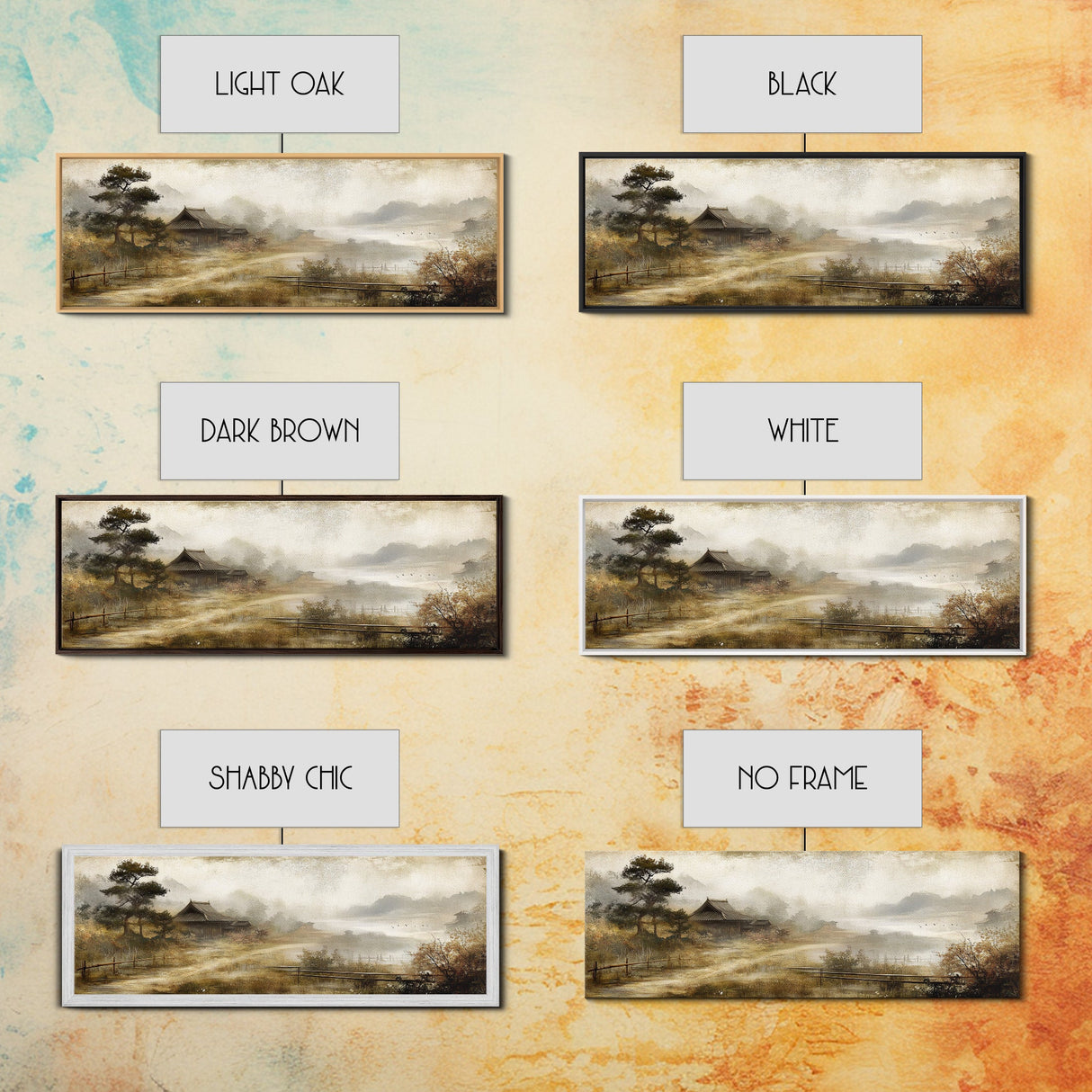 Retro Landscape Print - Landscape Painting - Wabi Sabi Panoramic Wall Art - Minimalist Home Decor - Ancient Japan Landscape Painting
