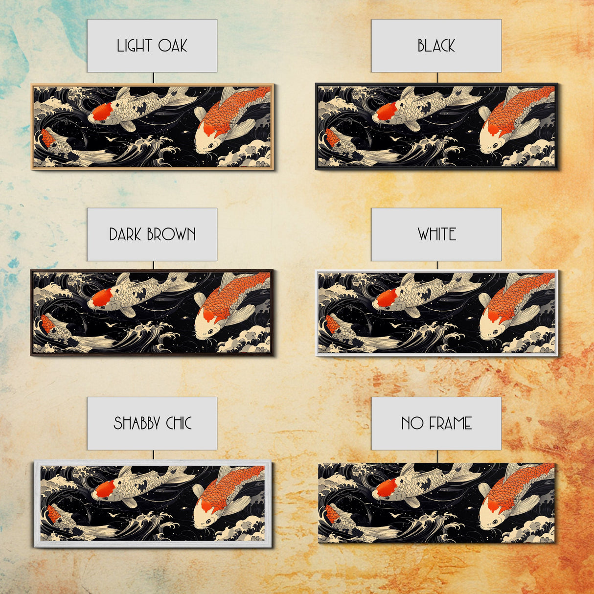 Wabi Sabi Boho Painting Print of Ko Fish, Japanese Style Decor, Panoramic Horizontal Wall Art, Extra Wide 70 Inch Wall Art, 72 Inch Wide Art