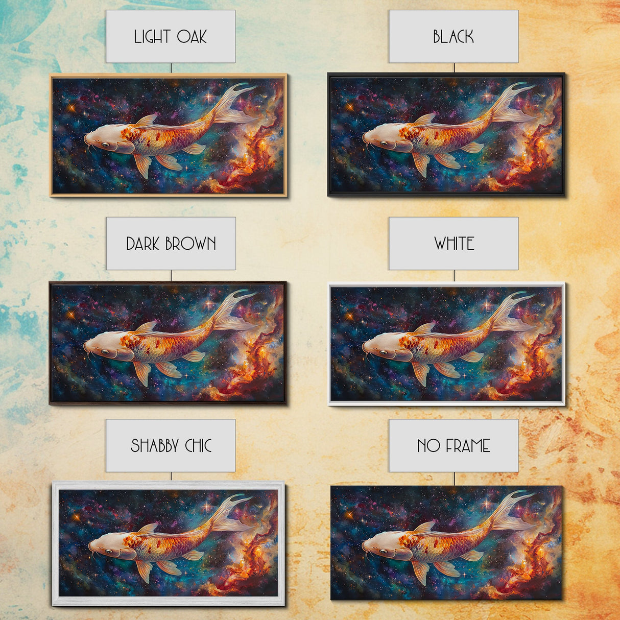 Koi Fish in Space, Framed Canvas Print, Abstract Wabi Sabi Style Painting, Koi Fish Home Decor, Japanese Style Artwork, Boho Decor