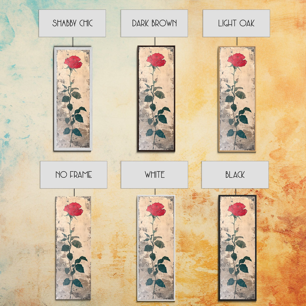 Red Rose Art Print Canvas Print, Japanese Inspired Rose Painting, Long Narrow Wall Art, Tall Skinny Art, Framed Canvas Print, Boho Wall Art