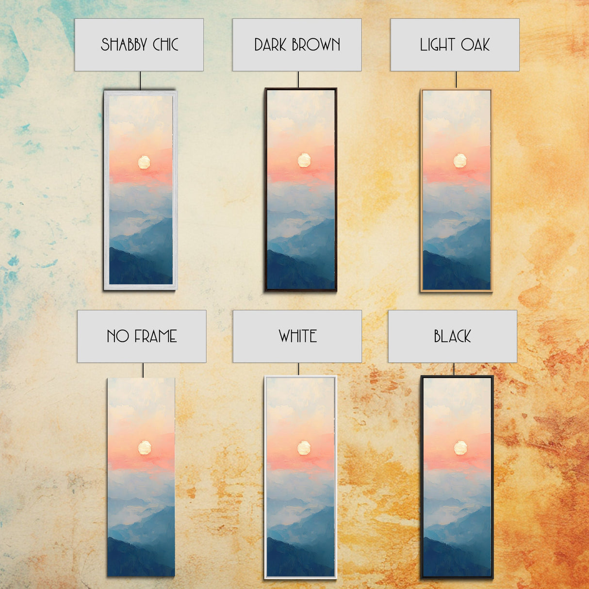 Wabi Sabi Sunset Oil Painting Print, Framed Canvas, Coastal Decor, Sunrise Over The Mountains, Boho Style Wall Art, Tall Narrow Wall Art