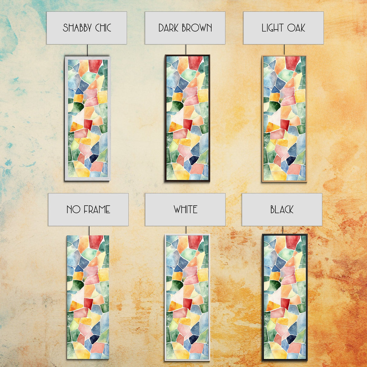 Stained Glass Mosaic Framed Canvas Print Vibrant Moroccan Wall Art Bright Geometric Long Skinny Living Room or Bedroom Decor
