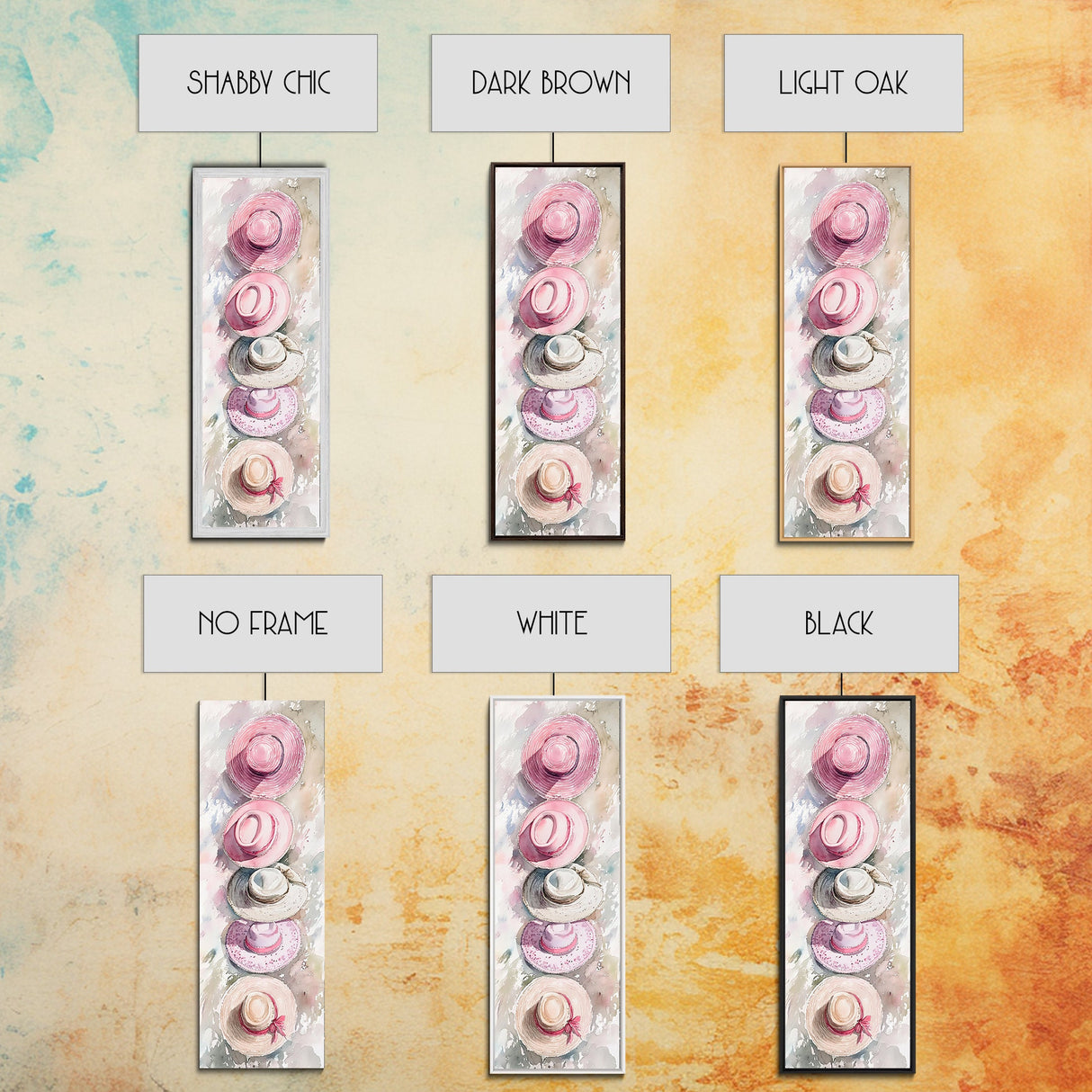 Summer Hats Canvas Print, coastal cowgirl wall art with pastel pink and beige hat patterns, rustic vertical wall art for living spaces.