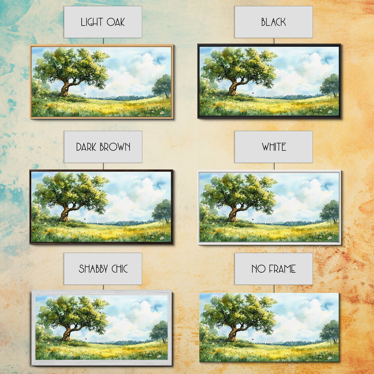 Sunny Meadow Elegance Canvas Print Featuring Oak Tree Art and Wildflower Painting Rustic Decor for Living Room Wall Art