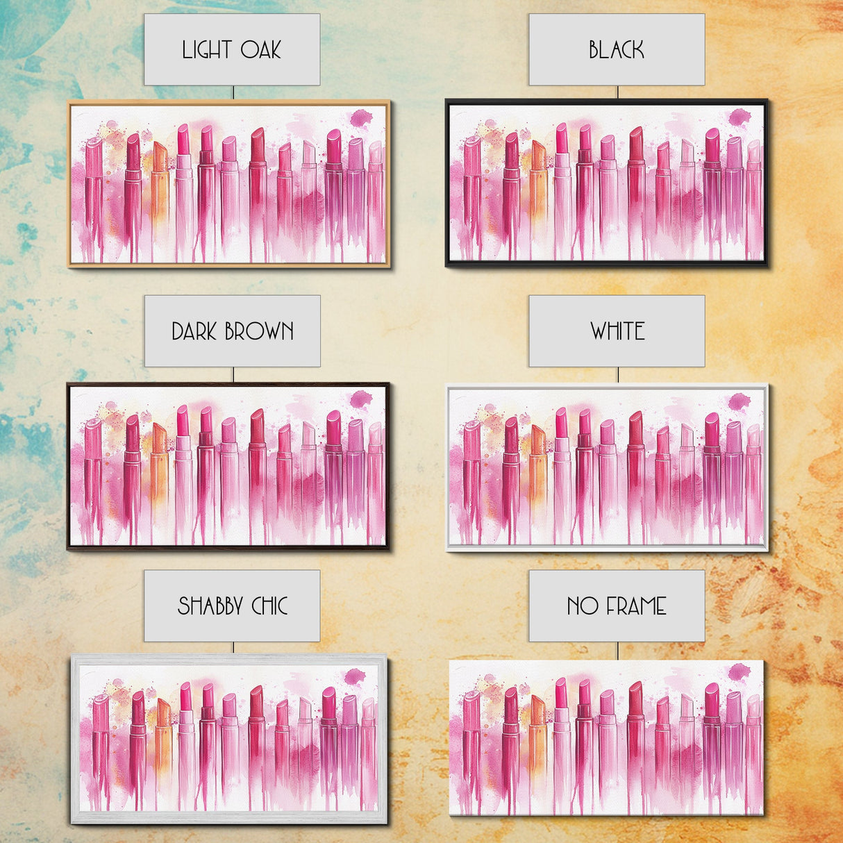 Assorted Lipstick Shades Illustration in Light Pink Wall Art on Canvas Print, Makeup Lover's Room or Vanity Decor Idea