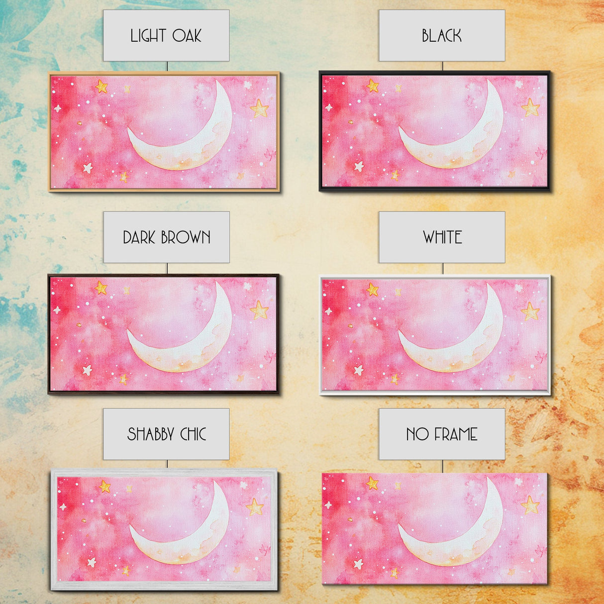 Crescent Moon and Stars Design in Pink Wall Art Style on Framed Canvas Print, Nursery or Bedroom Light Pink Whimsical Art