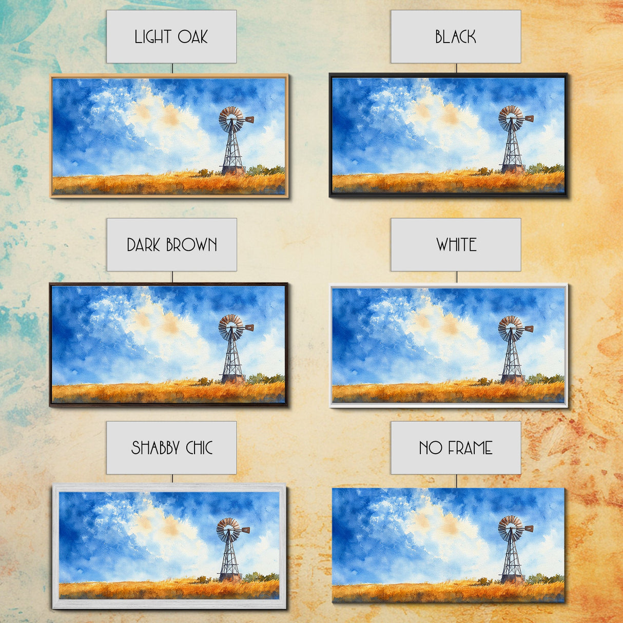 Bright Blue Sky Windmill Framed Canvas Print Rustic Farmhouse Art Horizontal Artwork Ideal Above Sofa Unique Living Room Wall Decor