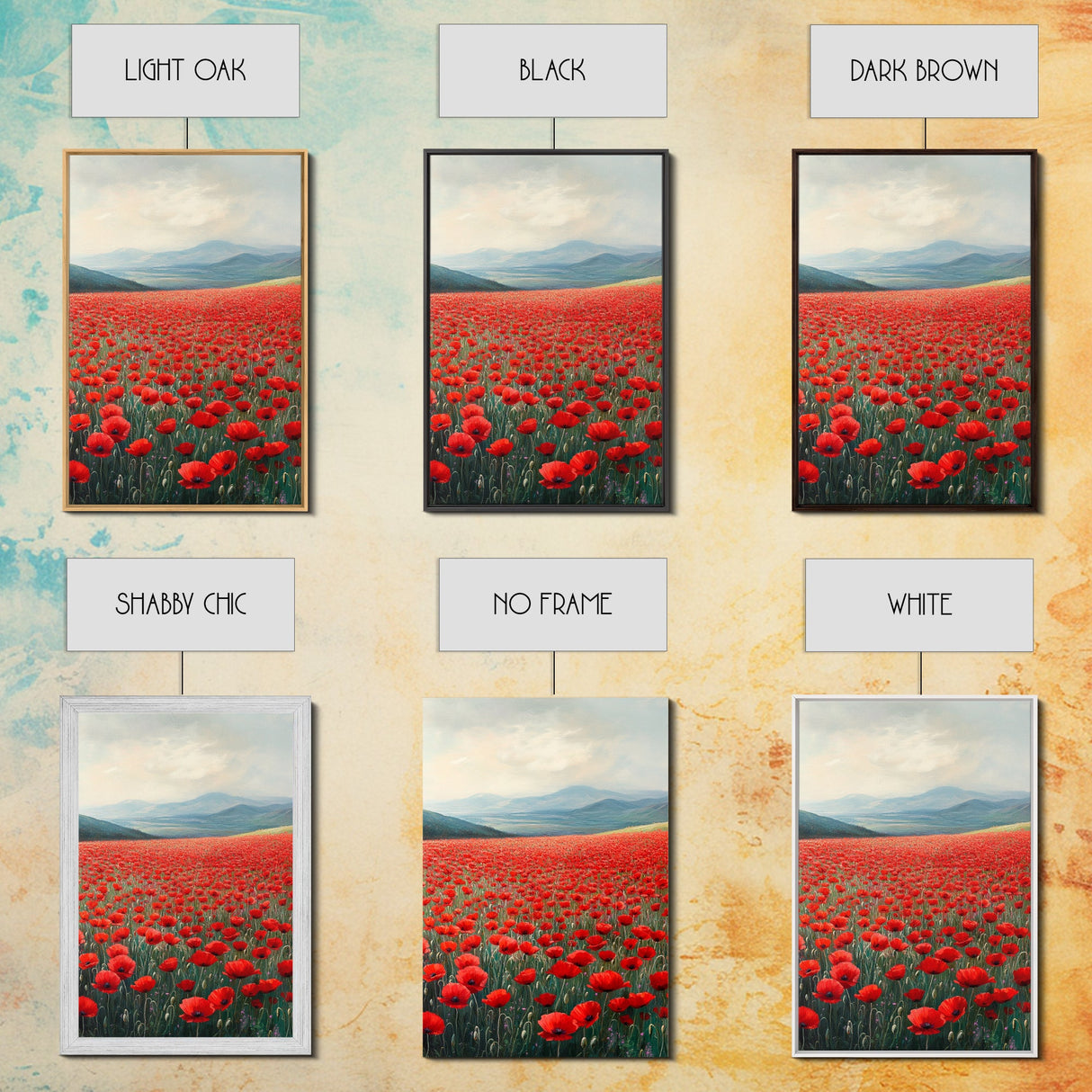 Scenic Poppy Field Framed Canvas Print, Rustic Landscape Painting, Bedroom Art, Farmhouse Wall Decor, Extra Wide Rustic Art