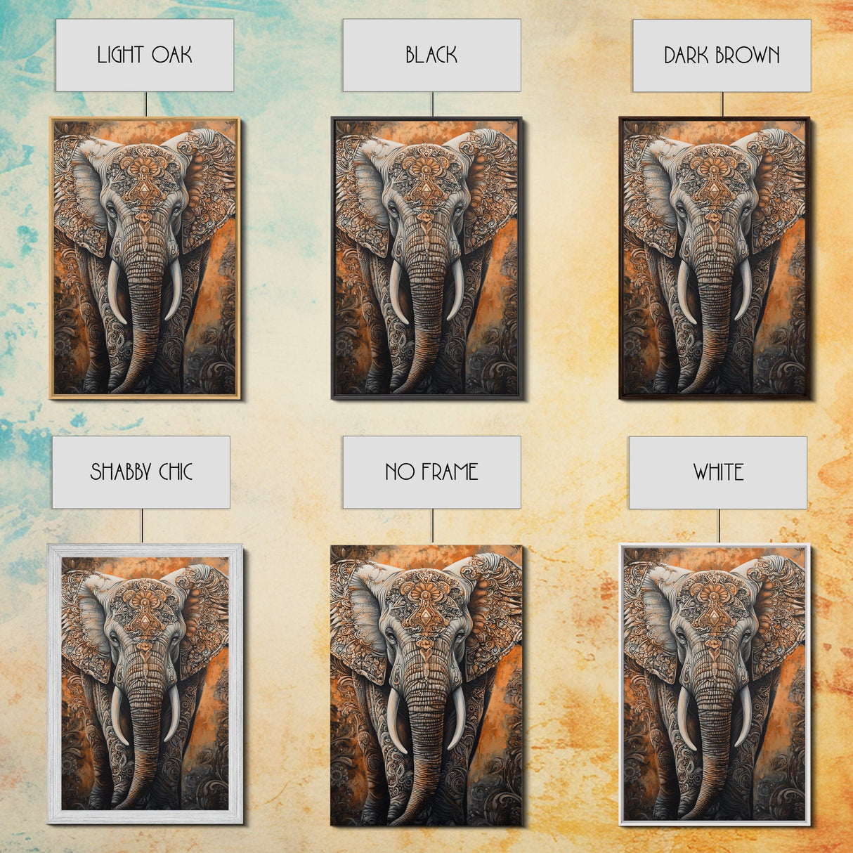 Indian Elephant Art Framed Canvas Print – Kerala Mural Painting, Sacred Geometry Decor, Ganesh Wall Art, Rustic Boho Living Room Art