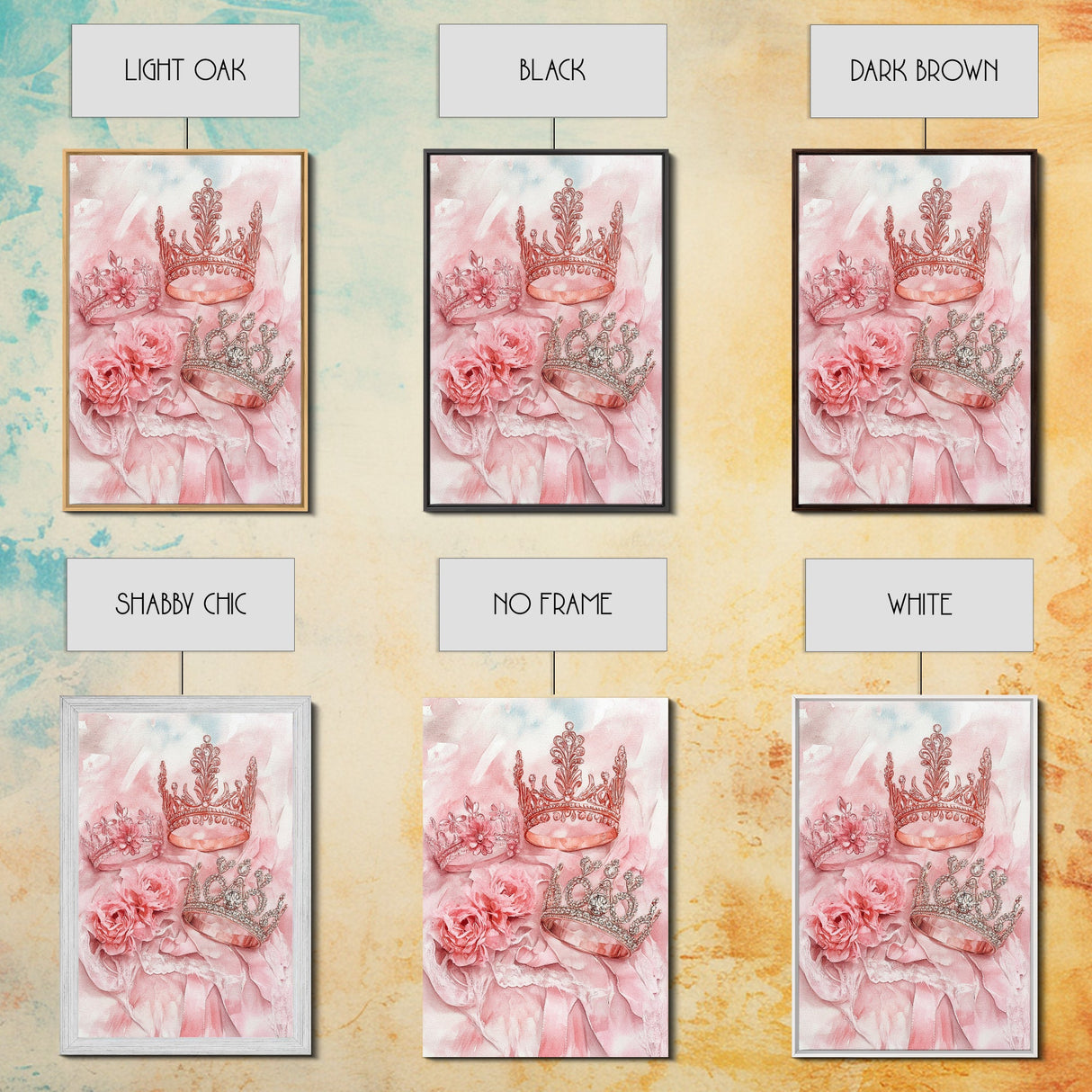 Elegant watercolor crowns and roses painting, framed canvas print, rose painting, goddess art print, chic pink wall art for living room