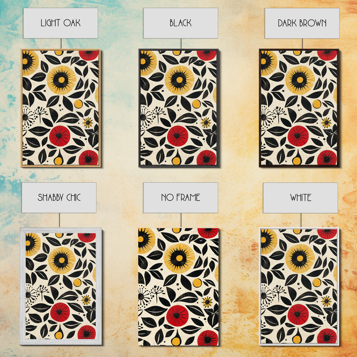 Modern Botanical Framed Canvas Print, Wildflower Pattern Wall Art, Vibrant Floral Art, Living Room Decor, Extra Wide Rustic Decor